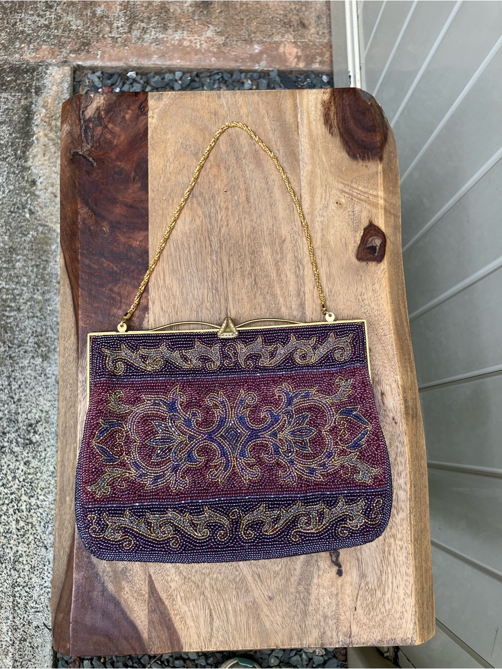 Beaded purple evening bag handbag formal gold chain clasp close vintage look - Picture 2 of 14